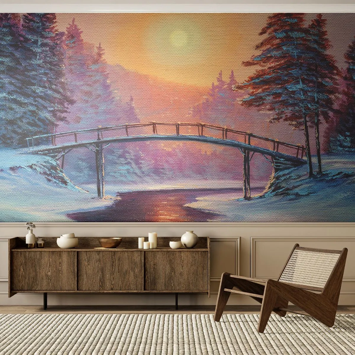 Papier Peint Photo Standard Eco - Quatre saisons - hiver - Paysage, Rivière, Pont - 200x140 cm