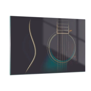 Impression sur verre - Image sur verre - Gros plan d'une guitare acoustique noire avec détails des cordes - 120x80cm - Le calme avant la tempête - Décoration murale moderne pour le salon et la chambre ARTTOR