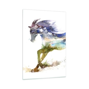 Impression sur verre - Image sur verre - Aquarelle d'un cheval avec un paysage de montagne en silhouette - 80x120cm - De la prairie directement au ciel - Décoration murale moderne pour le salon et la chambre ARTTOR