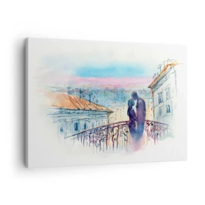 Impression sur toile - Image sur toile - Couple romantique sur un balcon avec vue sur la ville - 70x50cm - Amoureux de Paris - Décoration murale moderne pour le salon et la chambre ARTTOR