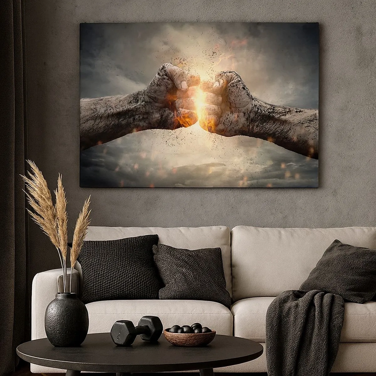 Impression sur toile - Image sur toile - Poings serrés dans une scène d'incendie dynamique - 70x50cm - Lève-toi pour le combat - Décoration murale moderne pour le salon et la chambre ARTTOR