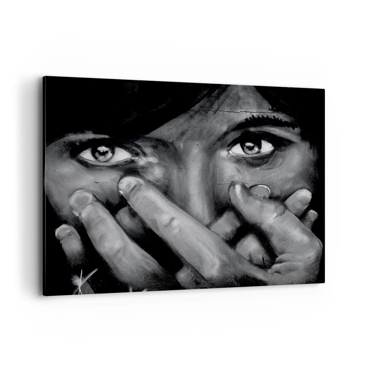 Impression sur toile - Image sur toile - Portrait en noir et blanc d'une femme se couvrant le visage avec ses mains. - 100x70cm - Je ne dirai pas qui a peint - Décoration murale moderne pour le salon et la chambre ARTTOR