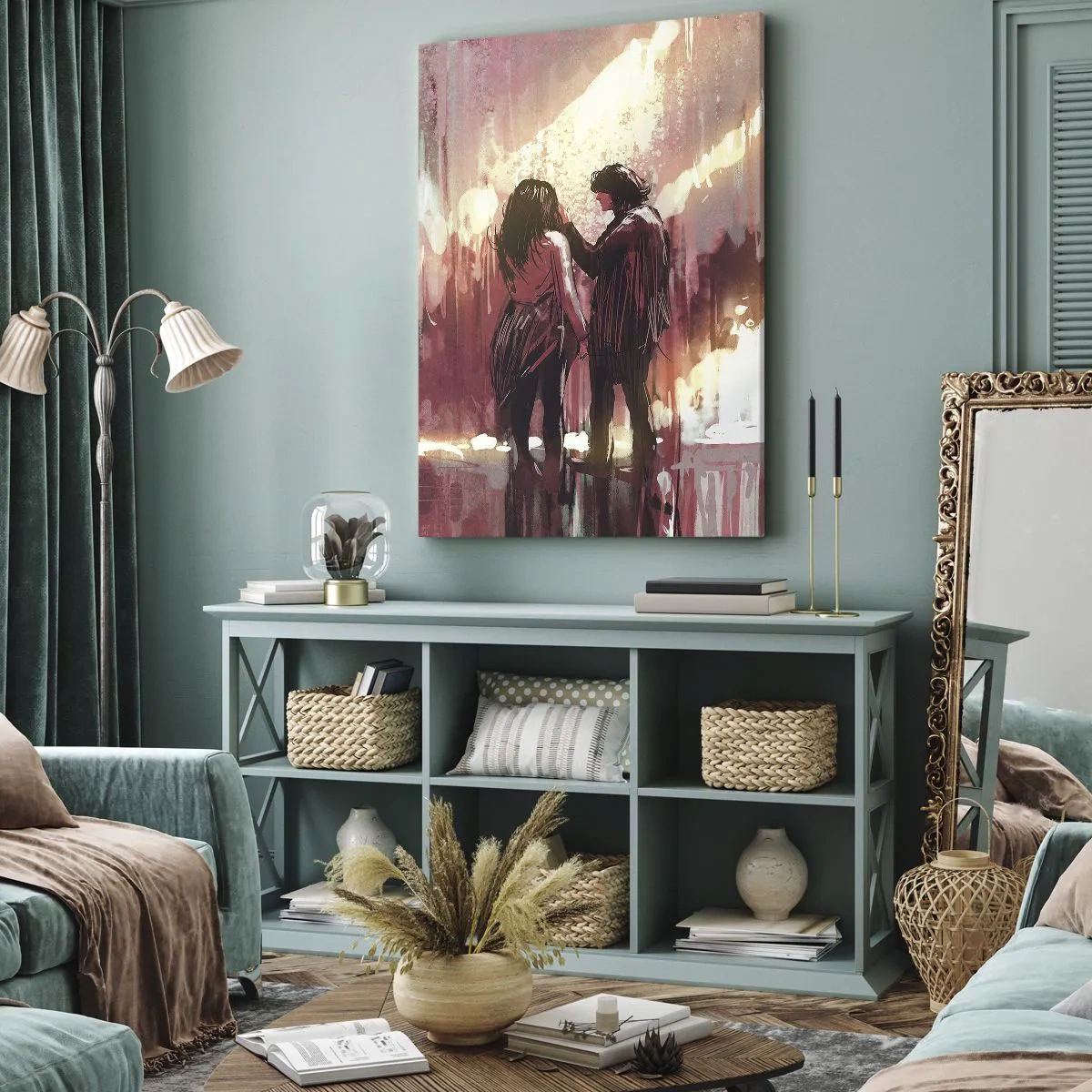 Impression sur toile - Image sur toile - Un couple debout dans une lumière chaude sur fond de motifs abstraits - 80x120cm - L'éternel spectacle de l'amour - Décoration murale moderne pour le salon et la chambre ARTTOR