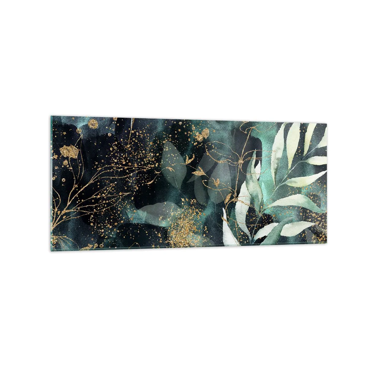 Impression sur verre - Image sur verre - Feuilles élégantes sur un fond sombre avec des accents dorés - 120x50cm - Jardin magique - Décoration murale moderne pour le salon et la chambre ARTTOR