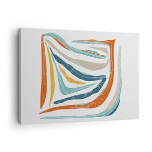 Impression sur toile - Image sur toile - Lignes colorées et dynamiques dans les tons de bleu, orange et beige - 70x50cm - Abstraction avec un sourire amical - Décoration murale moderne pour le salon et la chambre ARTTOR