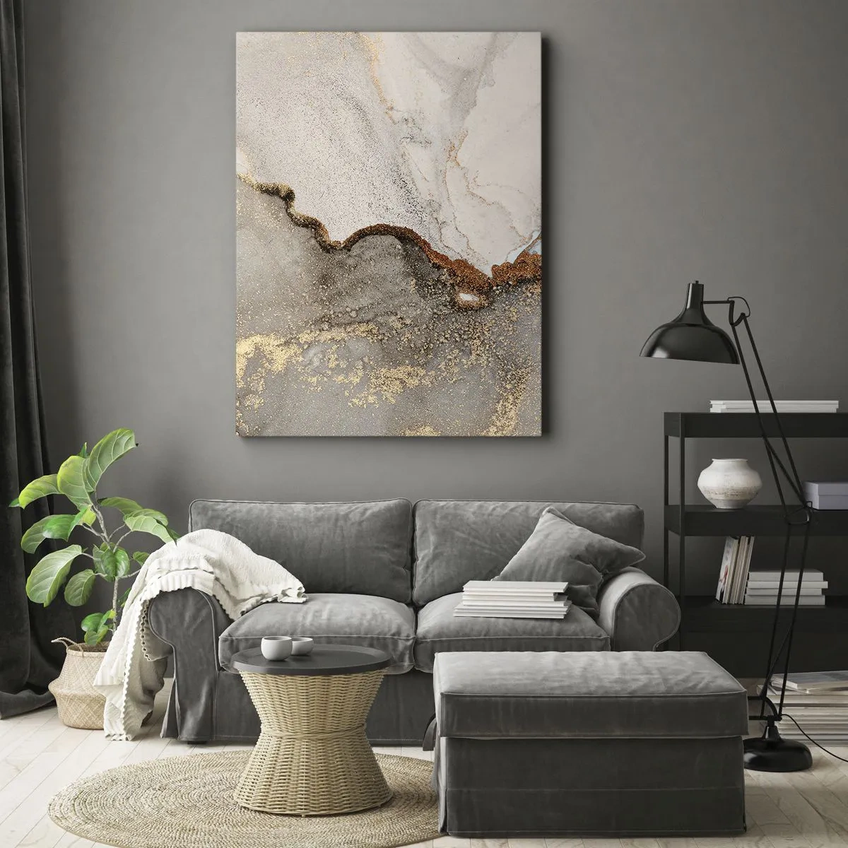 Impression sur toile - Image sur toile - Motif abstrait avec des nuances d'or et de gris - 70x100cm - Aux frontières des couleurs - Décoration murale moderne pour le salon et la chambre ARTTOR