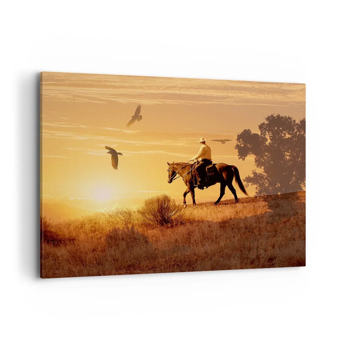 Impression sur toile - Image sur toile - Un cavalier sur un cheval au coucher du soleil contre la prairie - 100x70cm - Seul à travers la prairie - Décoration murale moderne pour le salon et la chambre ARTTOR