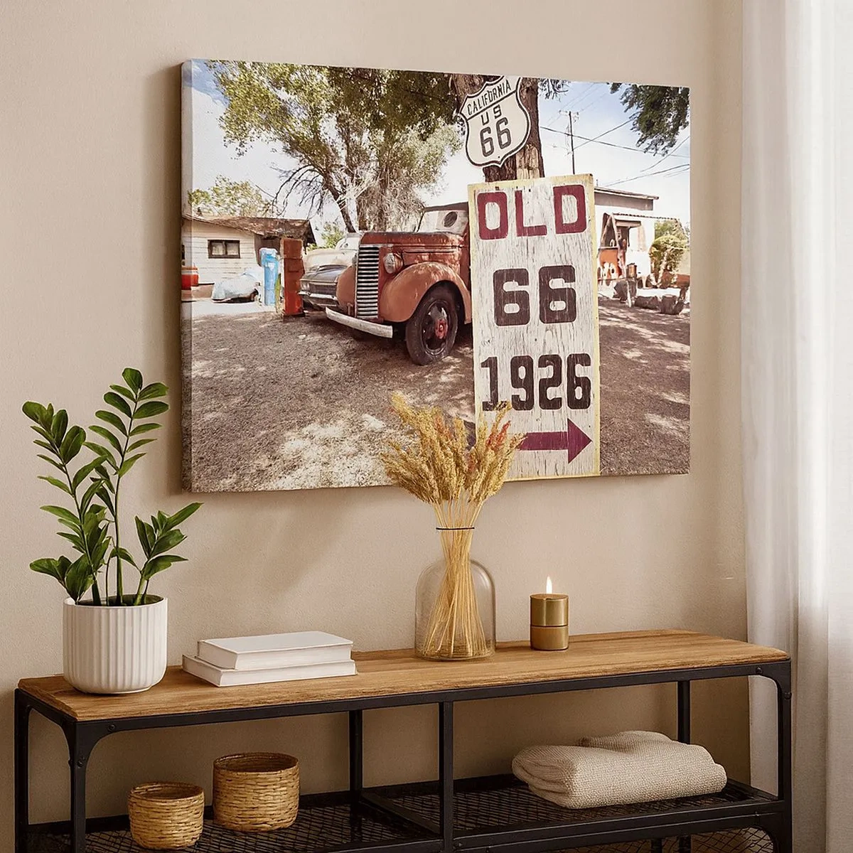 Impression sur toile - Image sur toile - Voiture rétro et panneau Route 66 dans un cadre rustique - 70x50cm - La légende de la province américaine - Décoration murale moderne pour le salon et la chambre ARTTOR