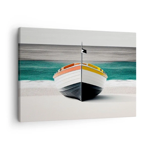 Impression sur toile - Image sur toile - Un bateau sur la plage avec une mer turquoise en arrière-plan - 70x50cm - A sa place - Décoration murale moderne pour le salon et la chambre ARTTOR