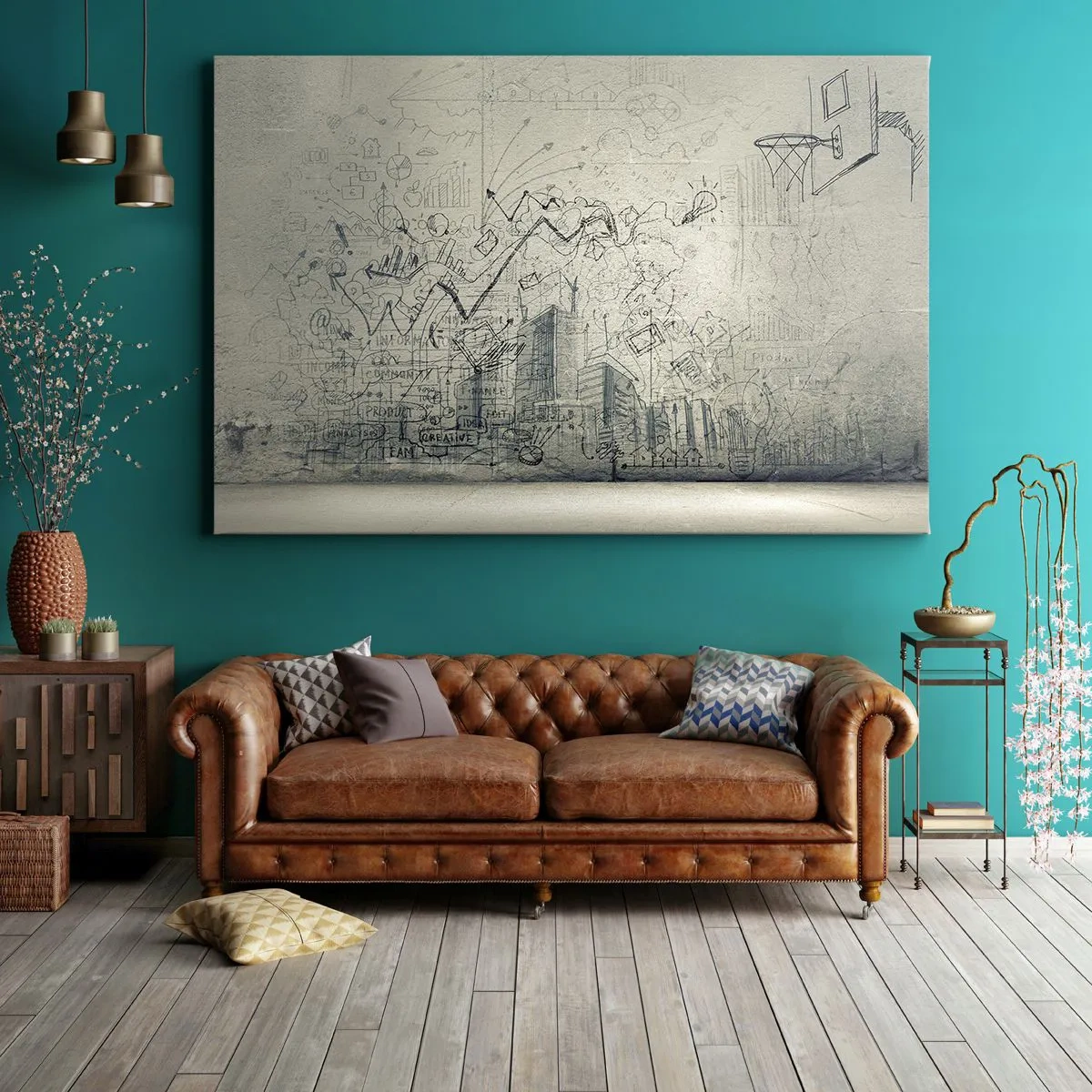 Impression sur toile - Image sur toile - Dessins et schémas sur fond de mur brut - 100x70cm - Ma vie fantastique en ville - Décoration murale moderne pour le salon et la chambre ARTTOR