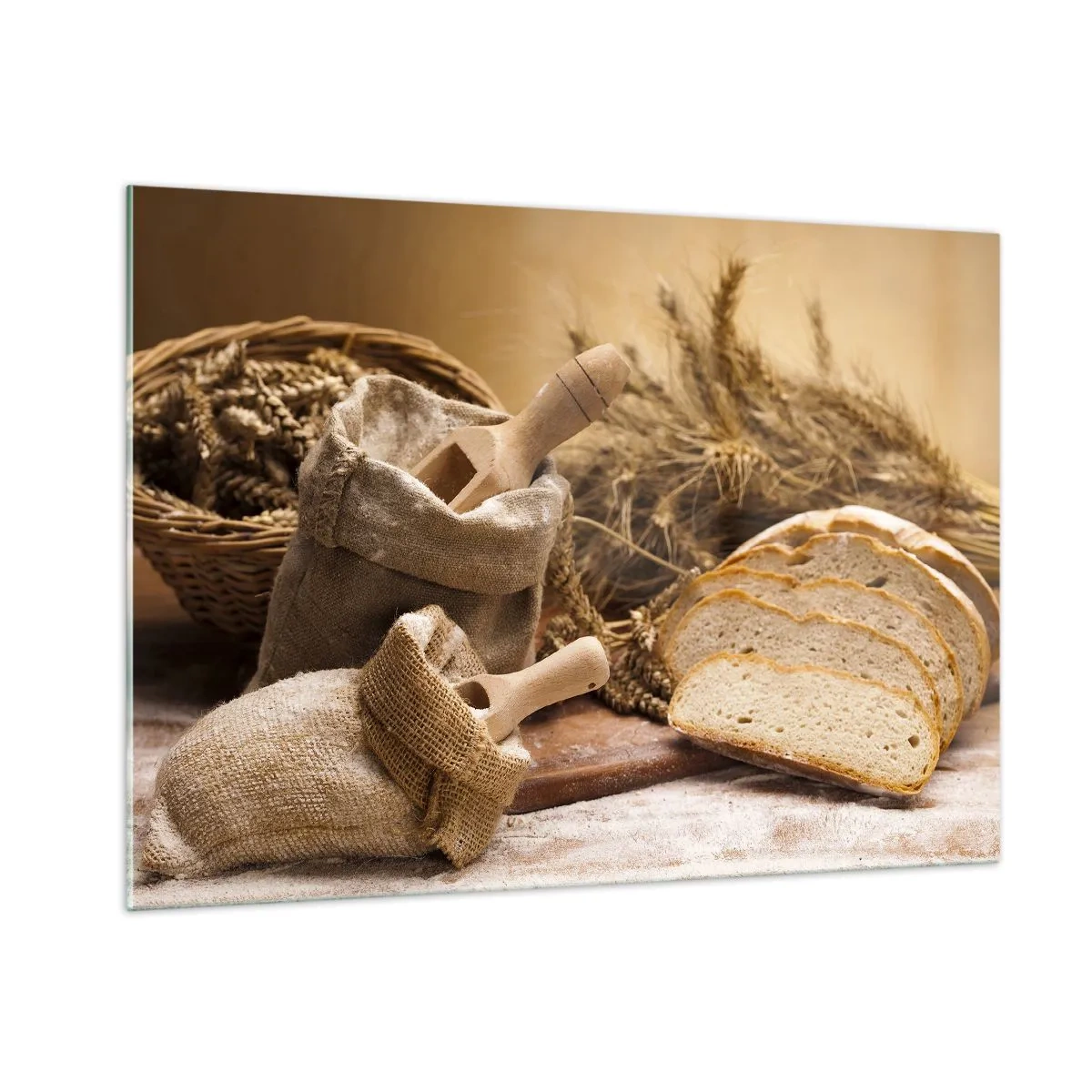 Impression sur verre - Image sur verre - Pain, farine et épis de céréales dans un style rustique - 100x70cm - Comment il coupe avec un couteau - Décoration murale moderne pour le salon et la chambre ARTTOR