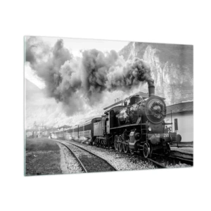 Impression sur verre - Image sur verre - Un vieux train à vapeur dans un paysage de montagne - 100x70cm - Attend à la gare... - Décoration murale moderne pour le salon et la chambre ARTTOR