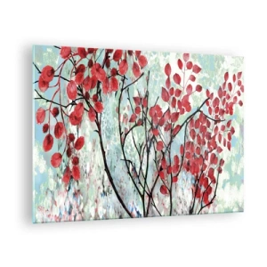 Impression sur verre - Image sur verre - Branches avec des feuilles rouges sur un fond peint - 70x50cm - Arbre en écarlate - Décoration murale moderne pour le salon et la chambre ARTTOR