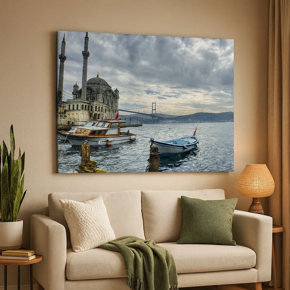 Impression sur toile - Image sur toile - Un bâtiment historique sur l'eau avec des bateaux et un pont en arrière-plan - 70x50cm - Aux confins des mondes - Décoration murale moderne pour le salon et la chambre ARTTOR