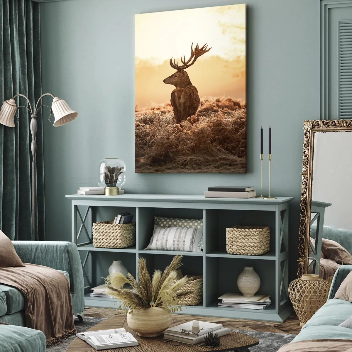 Impression sur toile - Image sur toile - Cerf dans les rayons du soleil levant - 70x100cm - Seigneur du domaine - Décoration murale moderne pour le salon et la chambre ARTTOR