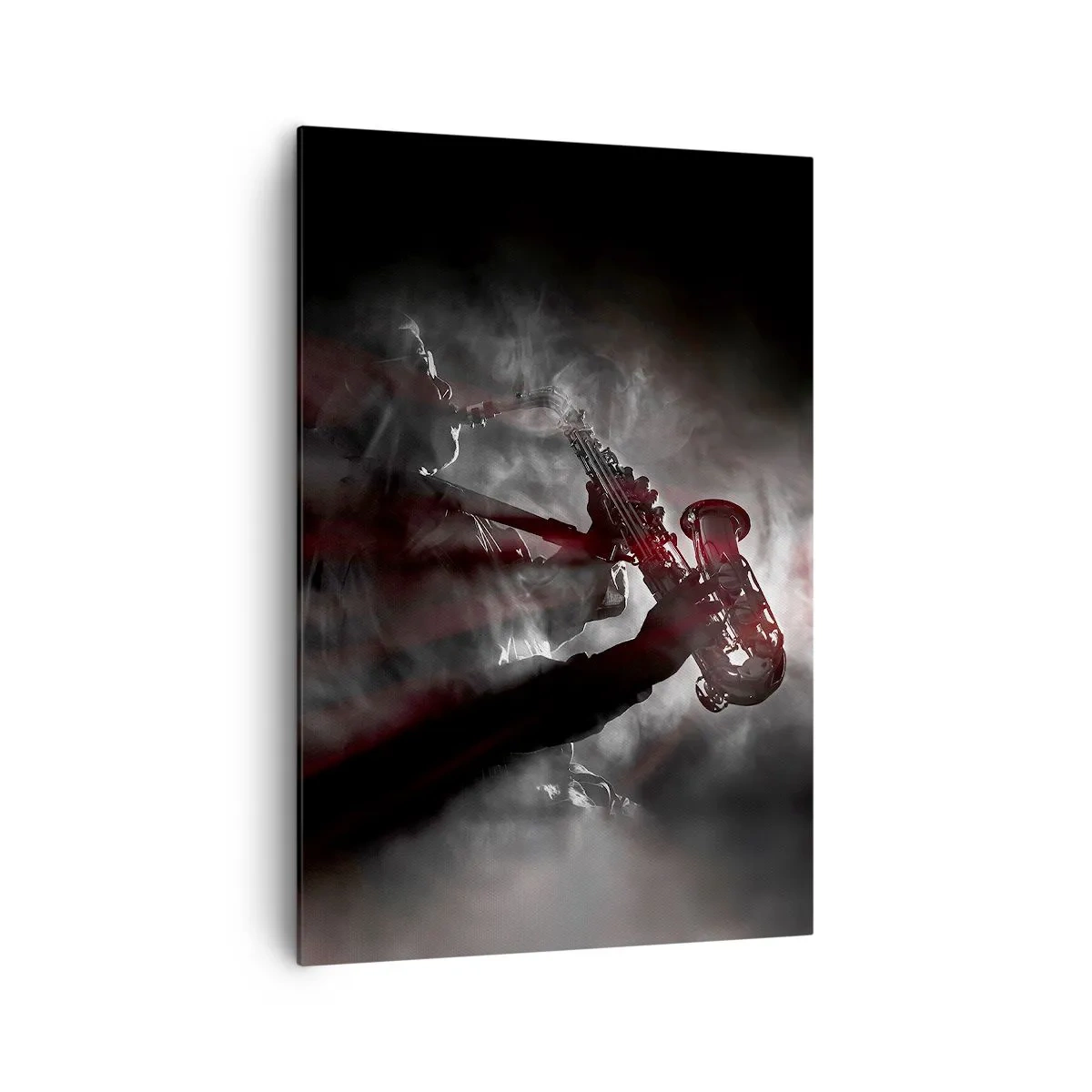 Impression sur toile - Image sur toile - Saxophoniste en fumée sur scène en noir et rouge atmosphérique - 70x100cm - Dans les brumes du jazz - Décoration murale moderne pour le salon et la chambre ARTTOR