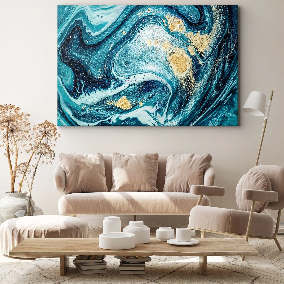 Impression sur toile - Image sur toile - Une composition abstraite de vagues et d'accents dorés - 70x50cm - Vortex bleu - Décoration murale moderne pour le salon et la chambre ARTTOR