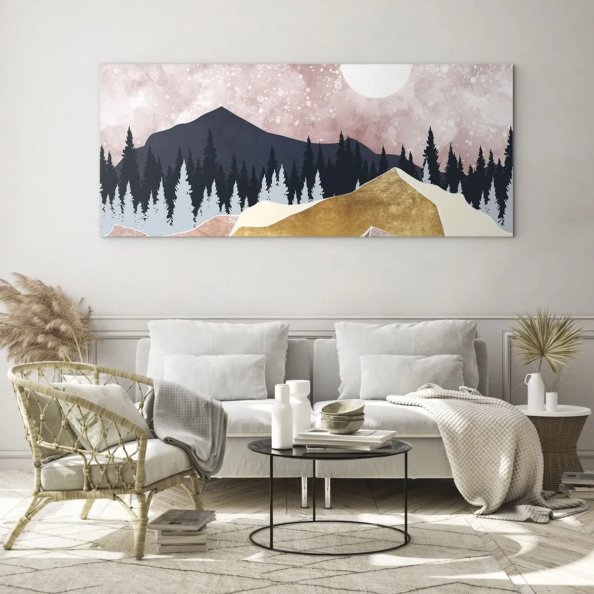 Impression sur verre - Image sur verre - Montagnes colorées contre un ciel rose avec une lune - 140x50cm - Gardien de la nuit - Décoration murale moderne pour le salon et la chambre ARTTOR