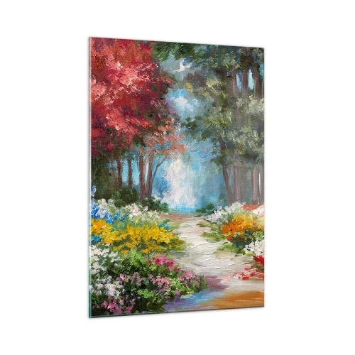 Impression sur verre - Image sur verre - Un jardin forestier coloré avec des fleurs en fleurs - 50x70cm - Jardin forestier, forêt de fleurs - Décoration murale moderne pour le salon et la chambre ARTTOR