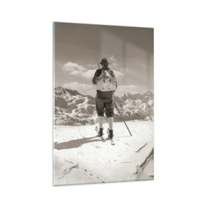Impression sur verre - Image sur verre - Un skieur au sommet d'une montagne en noir et blanc - 80x120cm - Toutes les mêmes ces montagnes - Décoration murale moderne pour le salon et la chambre ARTTOR