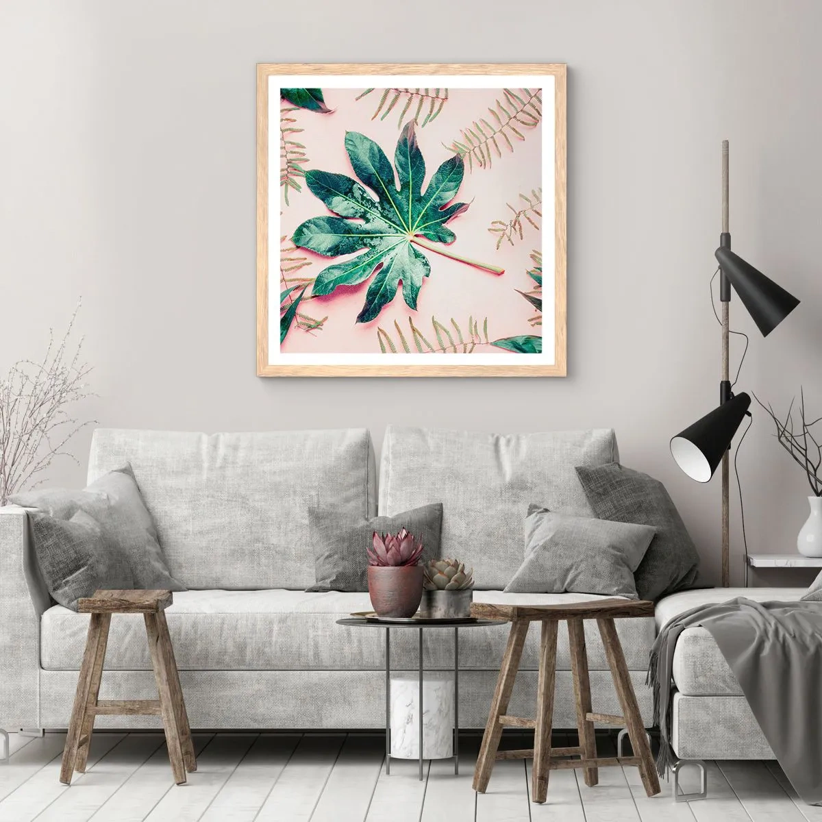 Affiche dans un chêne clair - Poster - Étude de verdure sur fond rose - 40x40 cm
