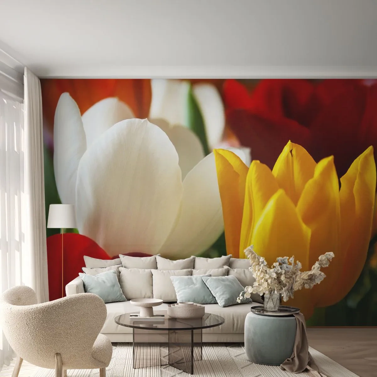 Papier Peint Photo Premium Sand - Gros plan de tulipes colorées - 100x70cm - La fièvre des tulipes - Décoration murale moderne pour le salon et la chambre ARTTOR