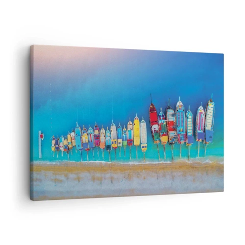 Impression sur toile - Image sur toile - Des bateaux colorés alignés en rangée sur le rivage - 70x50cm - Une vue à vol d'oiseau - Décoration murale moderne pour le salon et la chambre ARTTOR