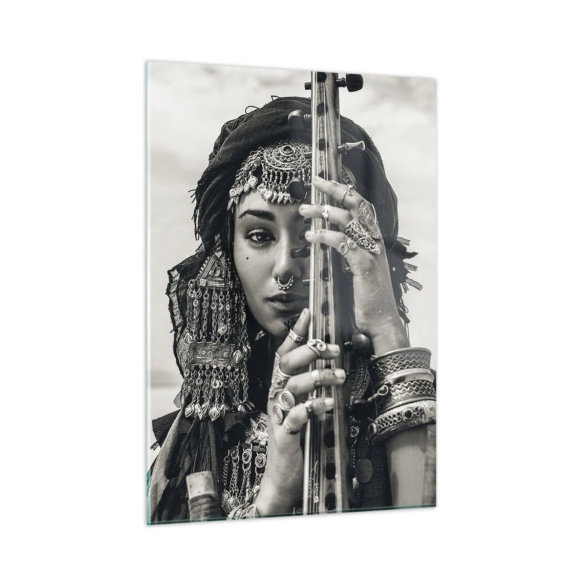 Impression sur verre - Image sur verre - Femme en bijoux orientaux avec un instrument - 50x70cm - Musique de l'Orient elle-même - Décoration murale moderne pour le salon et la chambre ARTTOR
