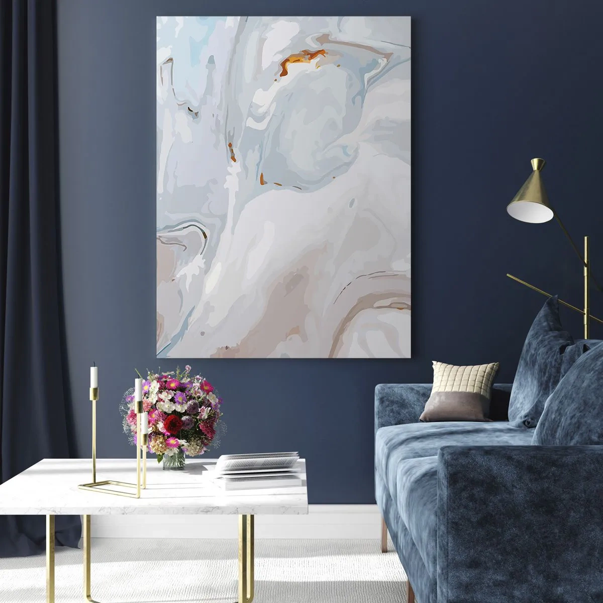 Impression sur verre - Image sur verre - Un motif de marbre subtil dans des tons de bleu et de blanc - 50x70cm - Blanc surélevé - Décoration murale moderne pour le salon et la chambre ARTTOR