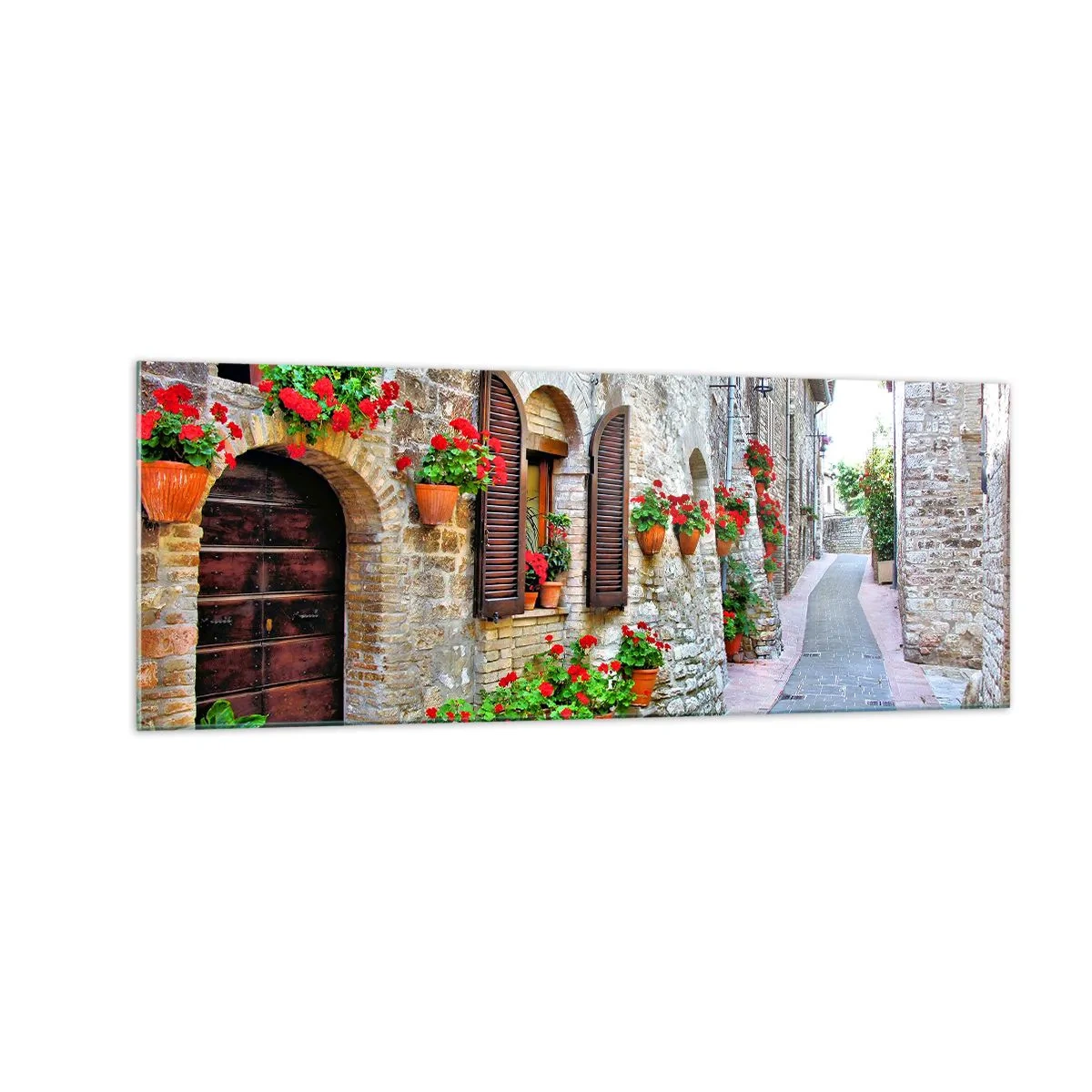 Impression sur verre - Image sur verre - Une rue étroite avec des bâtiments en pierre décorés de pots de fleurs - 140x50cm - Ambiance italienne - Décoration murale moderne pour le salon et la chambre ARTTOR