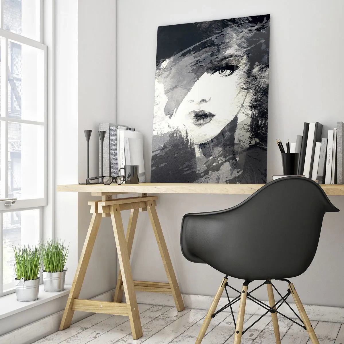 Impression sur verre - Image sur verre - Un portrait abstrait d'une femme dans des tons de gris avec des accents délicats. - 80x120cm - Derrière un voile gris - Décoration murale moderne pour le salon et la chambre ARTTOR