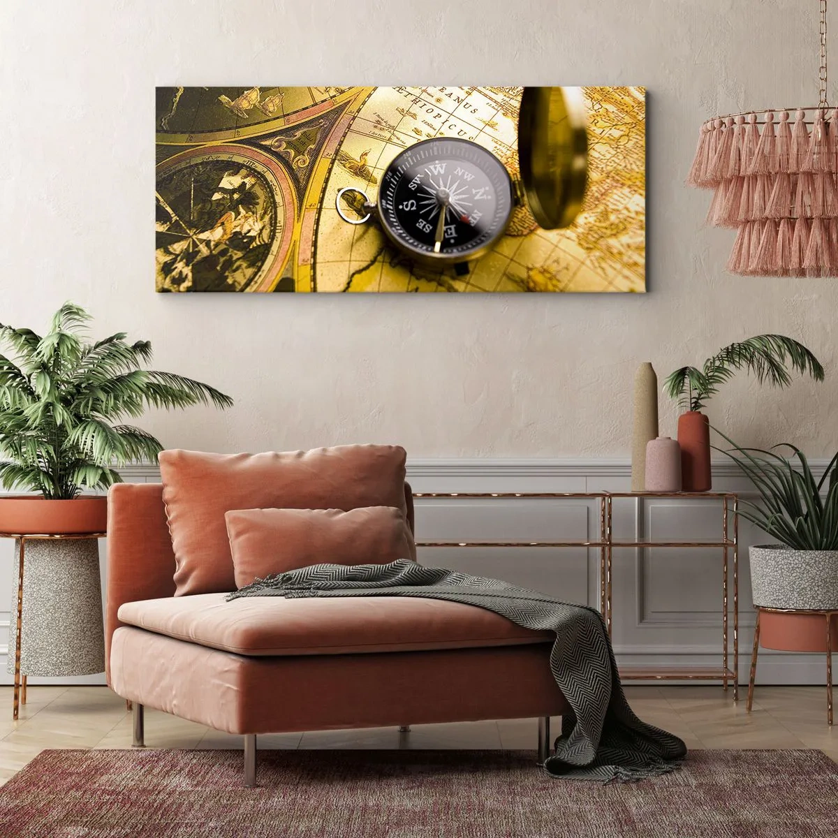 Impression sur toile - Image sur toile - Une boussole antique sur fond d'une vieille carte du monde - 120x50cm - Ou peut-être jusqu'au bout du monde ? - Décoration murale moderne pour le salon et la chambre ARTTOR