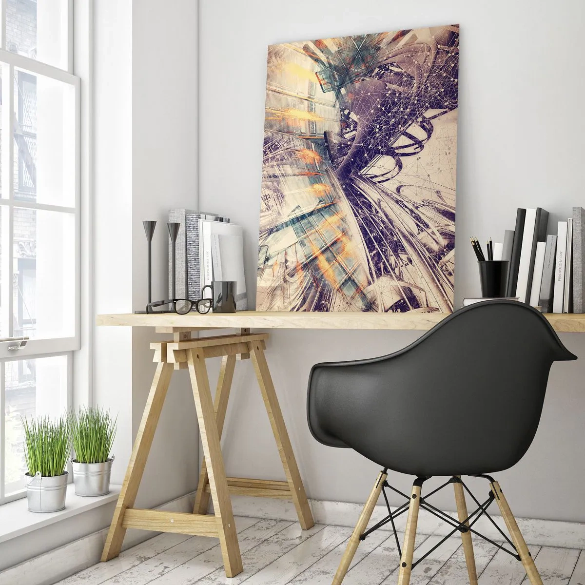 Impression sur verre - Image sur verre - Abstraction dynamique dans les tons beige et violet - 70x100cm - En grande hâte - Décoration murale moderne pour le salon et la chambre ARTTOR