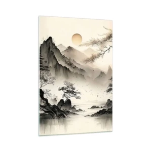 Impression sur verre - Image sur verre - Un paysage oriental avec des montagnes et une pagode aux nuances délicates. - 70x100cm - Le charme unique de l'Orient - Décoration murale moderne pour le salon et la chambre ARTTOR