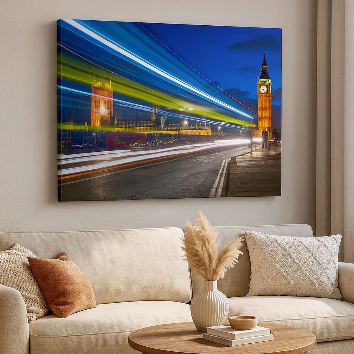 Impression sur toile - Image sur toile - Big Ben la nuit avec l'effet des lumières dans la circulation routière - 70x50cm - Sous l'œil de Big Ben - Décoration murale moderne pour le salon et la chambre ARTTOR