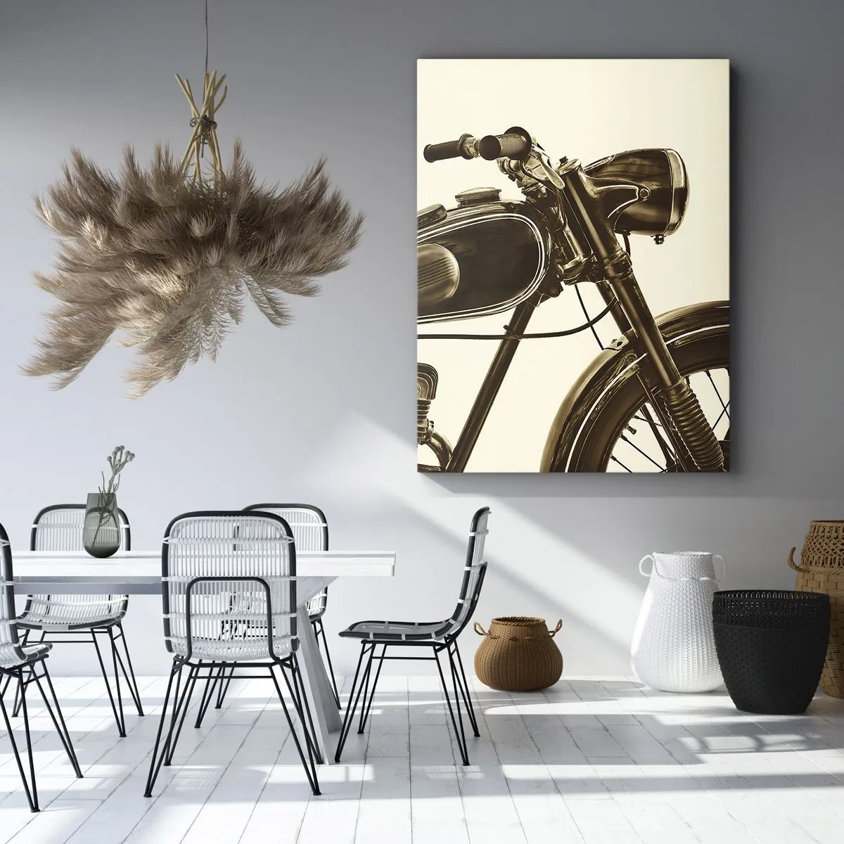 Impression sur toile - Image sur toile - Une moto rétro vintage sur fond clair - 70x100cm - Nostalgie du classique - Décoration murale moderne pour le salon et la chambre ARTTOR