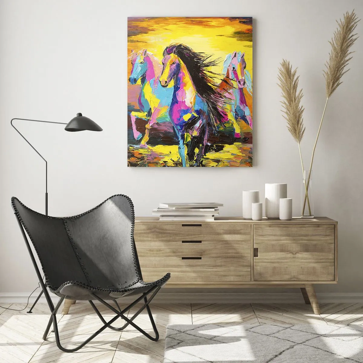 Impression sur verre - Image sur verre - Chevaux colorés galopant sur fond de soleil couchant - 80x120cm - Immergé dans l'arc-en-ciel - Décoration murale moderne pour le salon et la chambre ARTTOR