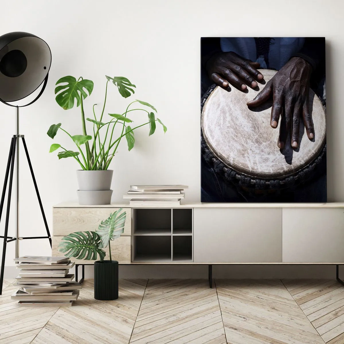 Impression sur toile - Image sur toile - Mains jouant du djembé dans une composition dynamique - 70x100cm - Vis à son rythme - Décoration murale moderne pour le salon et la chambre ARTTOR