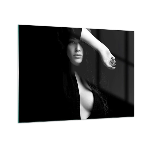 Impression sur verre - Image sur verre - Une femme en noir dans une pose sensuelle sur un fond sombre - 70x50cm - École de séduction - Décoration murale moderne pour le salon et la chambre ARTTOR