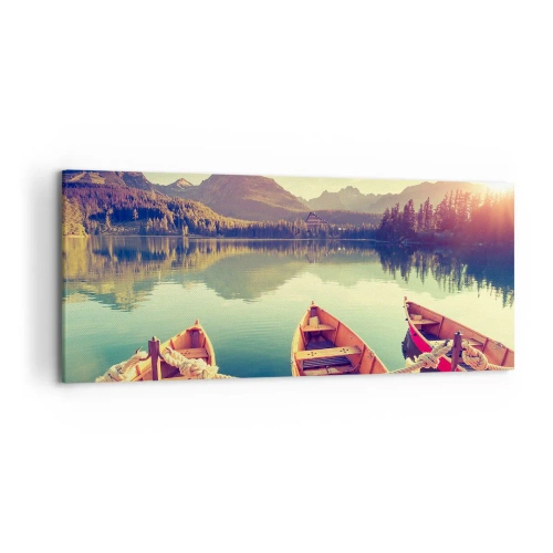Impression sur toile - Image sur toile - Bateaux sur un lac calme entouré de montagnes au coucher du soleil - 120x50cm - Vivre selon ses règles - Décoration murale moderne pour le salon et la chambre ARTTOR