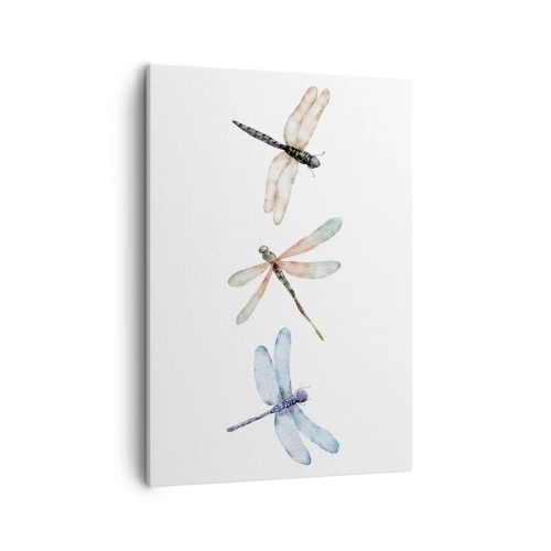 Impression sur toile - Image sur toile - Trois libellules aux couleurs pastel délicates - 50x70cm - Libellules en apesanteur - Décoration murale moderne pour le salon et la chambre ARTTOR