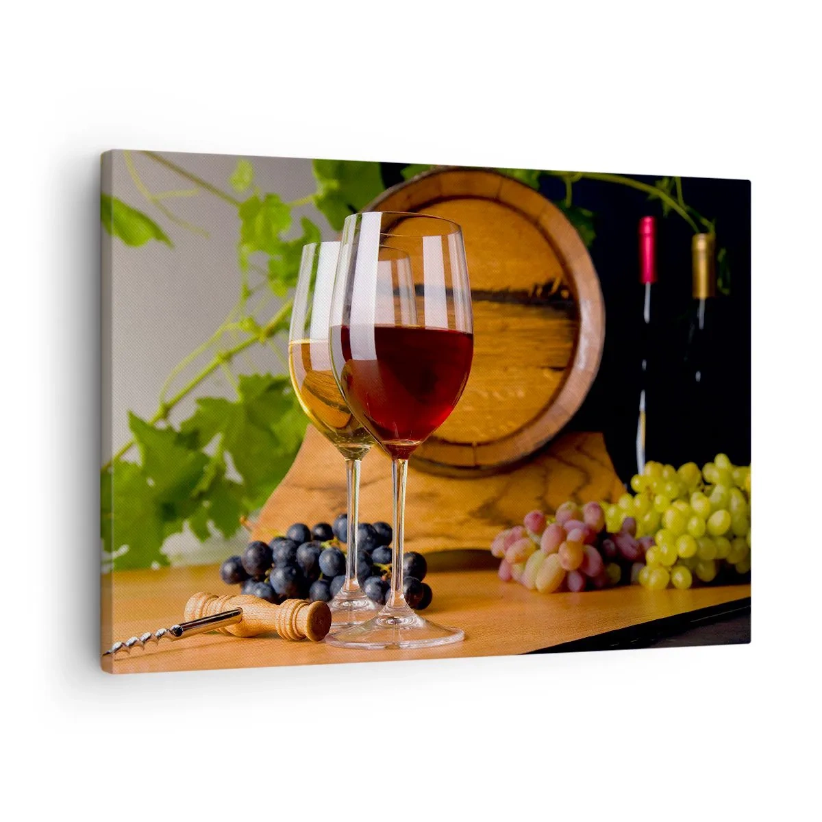 Impression sur toile - Image sur toile - Verres de vin avec des raisins, un tonneau et des bouteilles sur une table en bois - 70x50cm - Comme les vieux maîtres - Décoration murale moderne pour le salon et la chambre ARTTOR