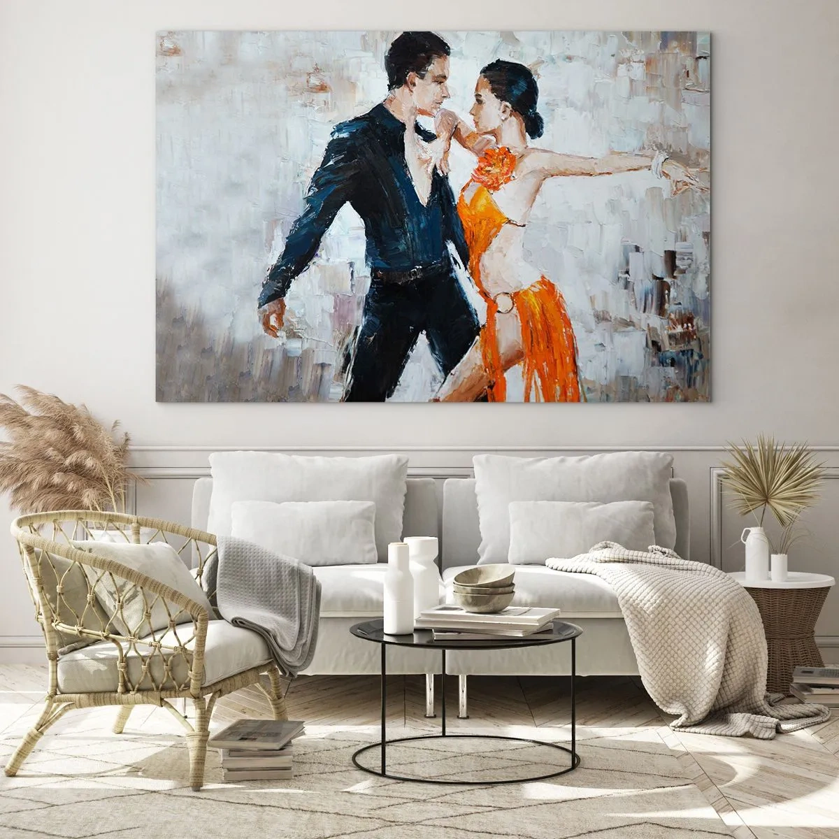 Impression sur verre - Image sur verre - Un couple dansant dans une pose dynamique sur un fond de style impressionniste - 120x80cm - Dirty dancing - Décoration murale moderne pour le salon et la chambre ARTTOR