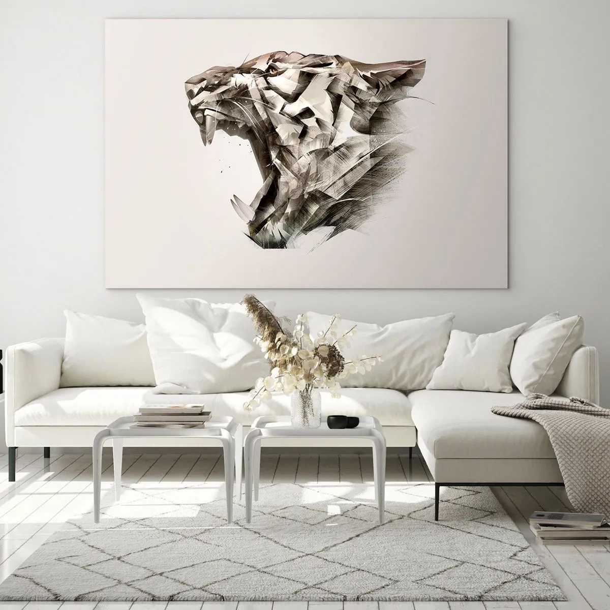 Impression sur verre - Image sur verre - Illustration géométrique d'un tigre rugissant sur fond clair - 70x50cm - Vous savez déjà qui est en charge - Décoration murale moderne pour le salon et la chambre ARTTOR