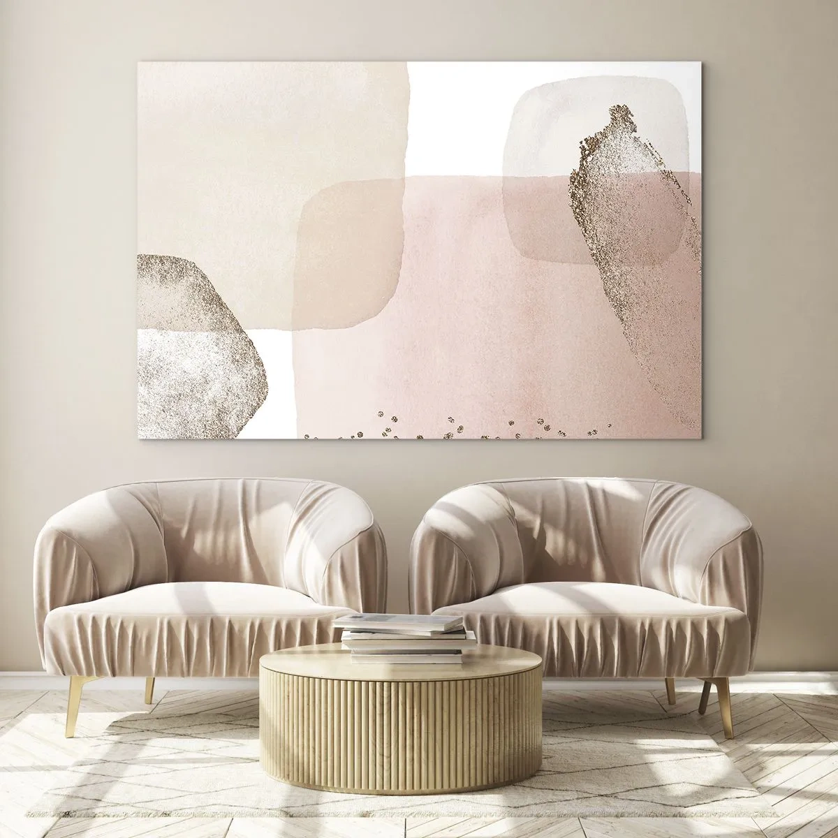 Impression sur verre - Image sur verre - Une composition abstraite dans les tons de rose, beige et or. - 120x80cm - Regard à travers la couleur - Décoration murale moderne pour le salon et la chambre ARTTOR