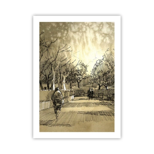 Affiche - Poster - Illustration de parc de style croquis aux tons sépia - 50x70cm - Un moment arrêté avec une plume - Décoration murale moderne pour le salon et la chambre ARTTOR