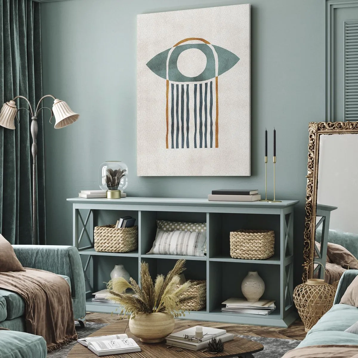 Impression sur toile - Image sur toile - Motif géométrique dans les tons de vert et d'orange - 50x70cm - Signes et rituels - Décoration murale moderne pour le salon et la chambre ARTTOR