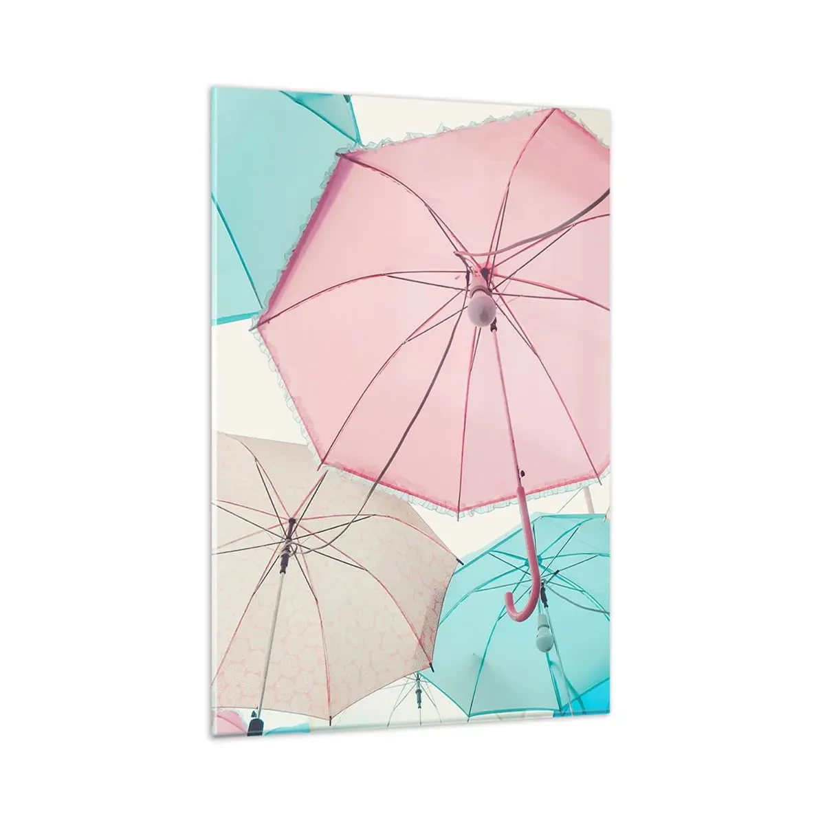 Impression sur verre - Image sur verre - Parapluies pastel contre un ciel lumineux - 80x120cm - Parfois le soleil, parfois la pluie - Décoration murale moderne pour le salon et la chambre ARTTOR