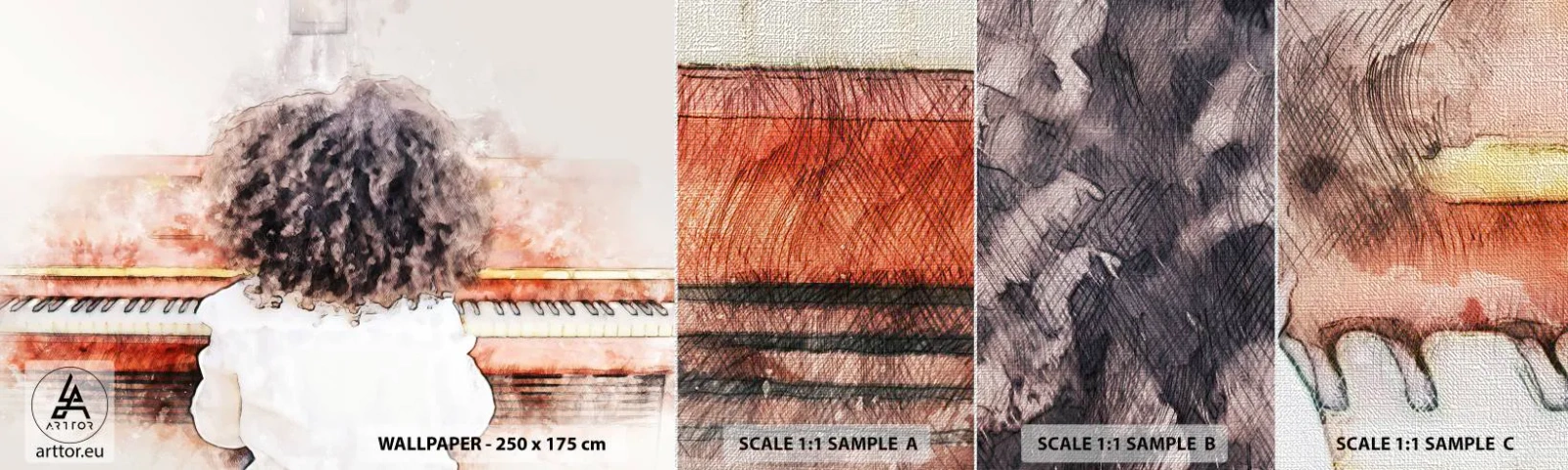 Échantillon de Papier Peint Premium Canvas - Dans un nouveau monde - Piano, Musique, Musicien - 100x30 cm