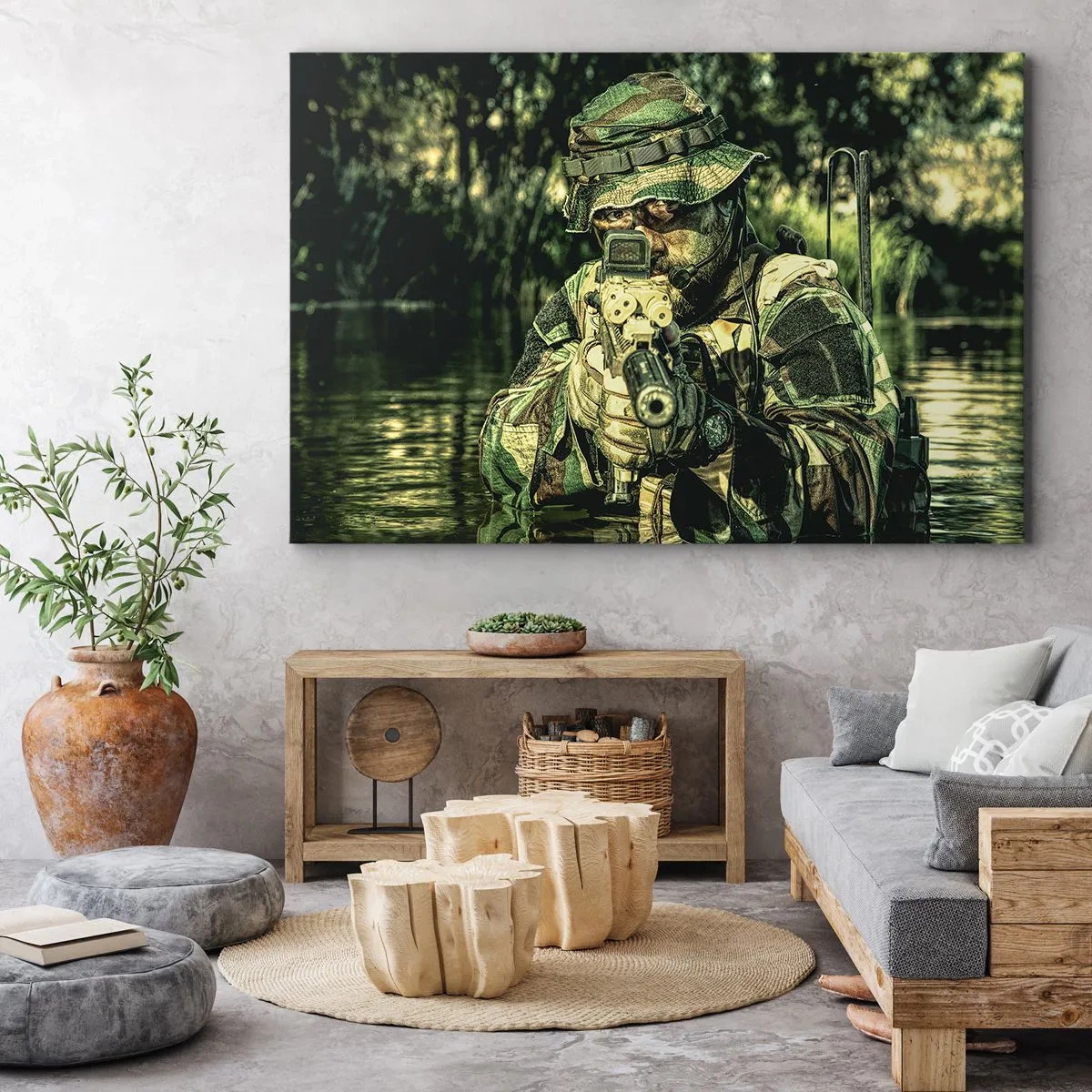 Impression sur toile - Image sur toile - Un soldat en tenue de camouflage vise à travers l'eau. - 120x80cm - Le meilleur des meilleurs - Décoration murale moderne pour le salon et la chambre ARTTOR